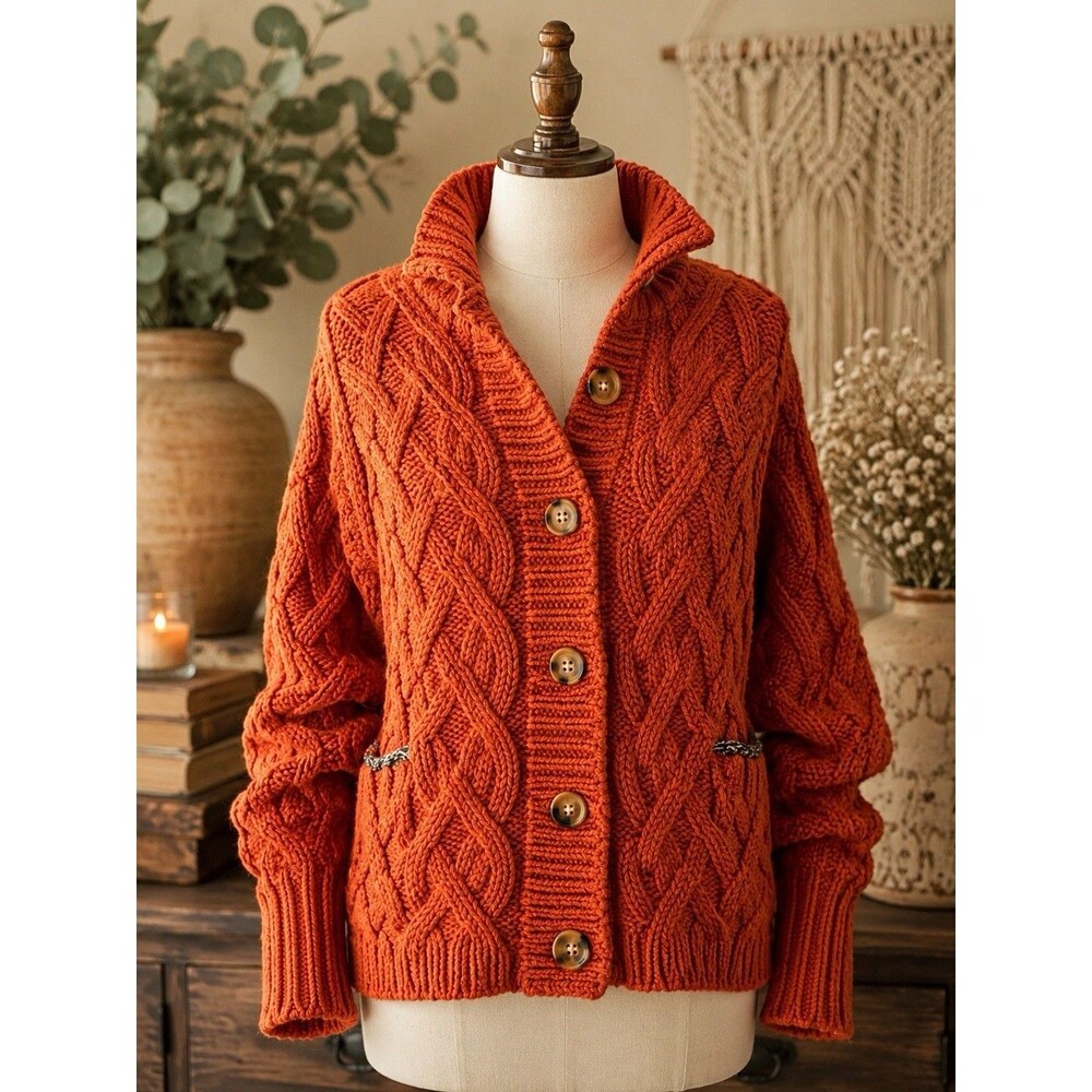 Free People Cable-Knit Button Front Collared Cardigan Sweater Orange XS